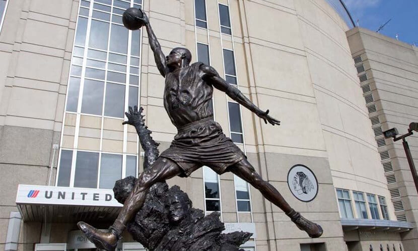 The chicago bulls MJ statue public art outside United Center