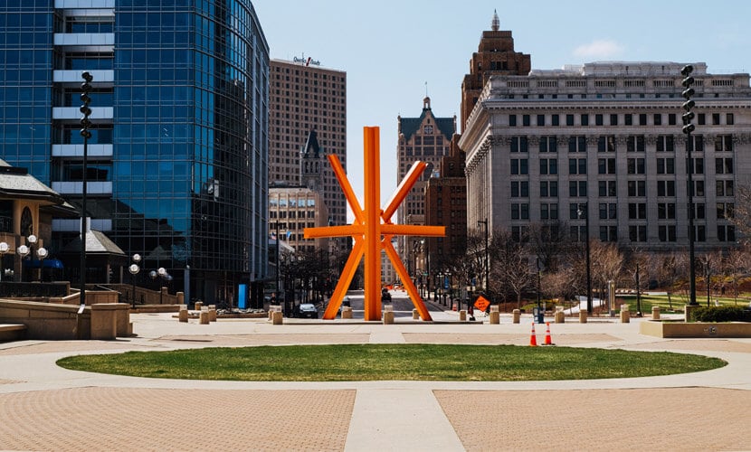 a large public art display on a plaza in Milwaukee